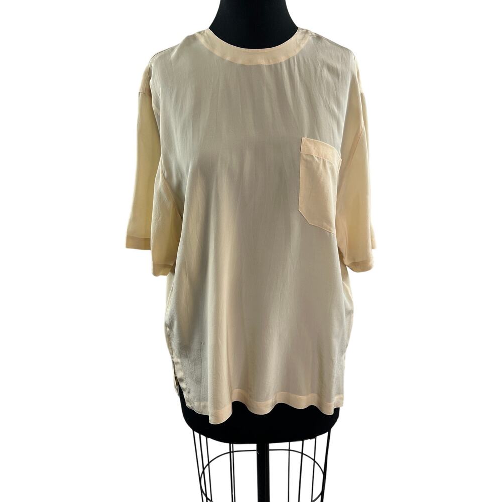 August Silk Beige Blouse Crew Neck Side Slit Drop Shoulder Pullover Size Large L